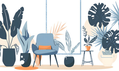 Modern interior with plants and armchair. plants. Illustrations  design