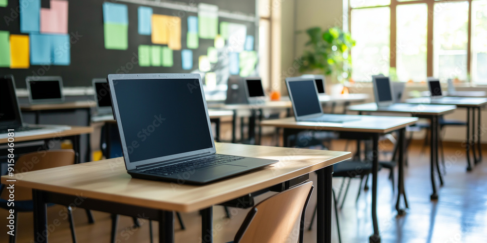 Poster a flat lay mockup of a tech-enabled classroom setup