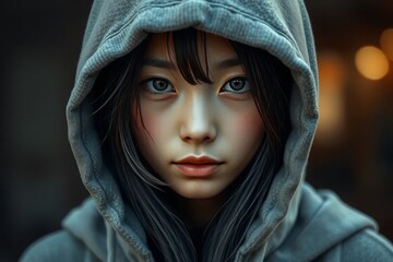 intense close-up portrait of a young woman with a hooded sweatshirt and piercing gaze conveying deep emotion and mystery