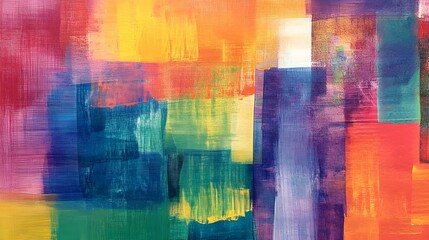 A painting with blue, pink and red colors