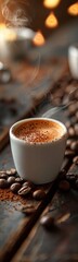 Cup of coffee on a table with coffee beans