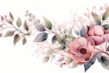 Watercolor floral border with pink flowers and green leaves.