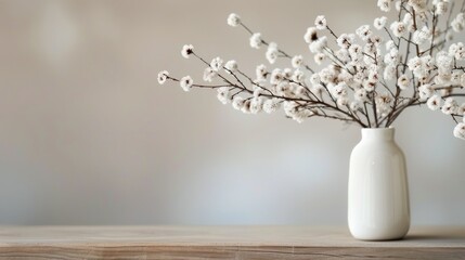 White Flowers in Simple Pot on Wooden Table in Cozy Indoor Setting