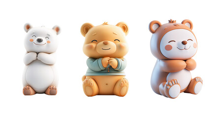 Fototapeta premium Cute Cartoon Teddy Bear Set PNG Transparent Background, White Bear, Brown Bear With Shirt, Brown Sitting Bear, Baby Nursery Decor Illustration Clip Art, Commercial Use