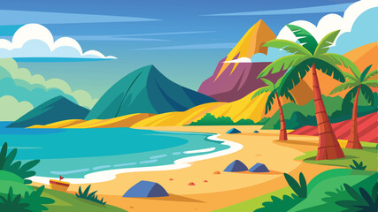 Beach and mountain landscape background vector illustration in cartoon flat style, simple flat design with few details, colorful , 2D