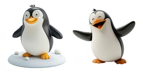 Obraz premium Cute Cartoon Penguin Transparent Background PNG Set, Happy Waving Smiling Flightless Bird Digital Illustration Clip Art, Winter Christmas Arctic Antarctic Animal Design Element Image File Collection