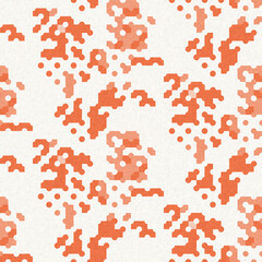 Faded peach fuzz glitch geo washed effect seamless pattern. Orange dye grungy blotched distress abstract background texture repeat. 