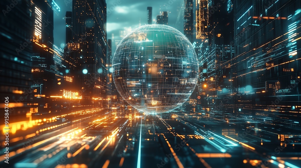 Poster exploring a futuristic cityscape with dynamic lights and a glowing globe at dusk