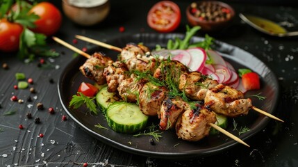 Grilled chicken kebab and salad with cucumber, radish, onion on a dark background.