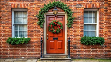 Classic red brick facade with a festive wreath on front door , welcoming, cozy, holiday, Christmas, decoration