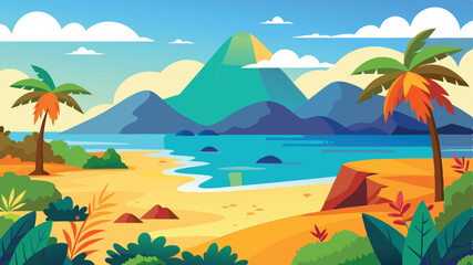 Beach and mountain landscape background vector illustration in cartoon flat style, simple flat design with few details, colorful , 2D