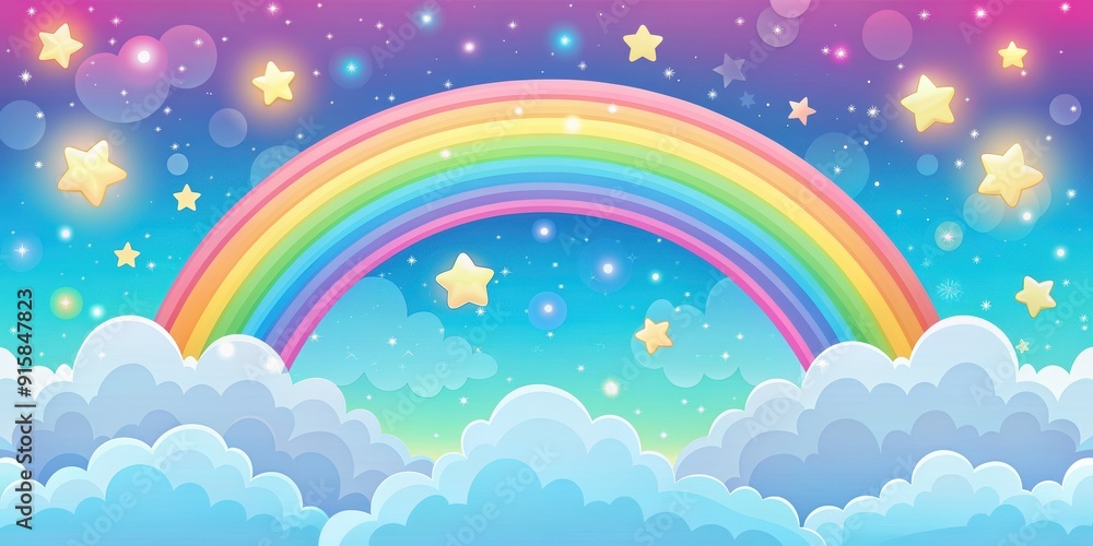 Wall mural colorful and dreamy kawaii sky background with rainbows, stars, and clouds, kawaii, colorful, sky, r