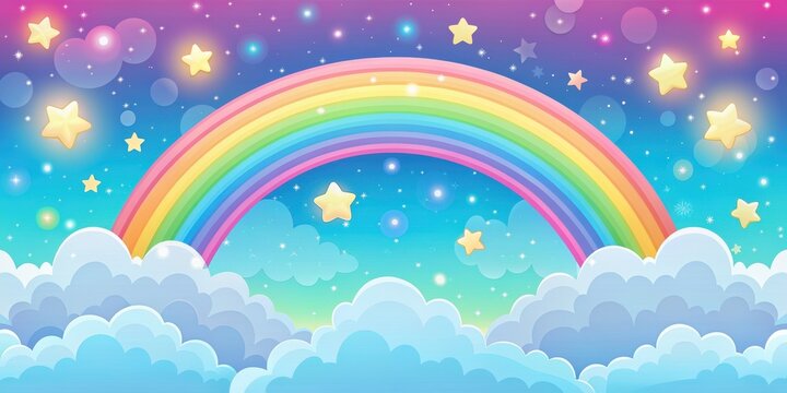 Colorful and dreamy kawaii sky background with rainbows, stars, and clouds, Kawaii, colorful, sky, rainbow, stars, clouds
