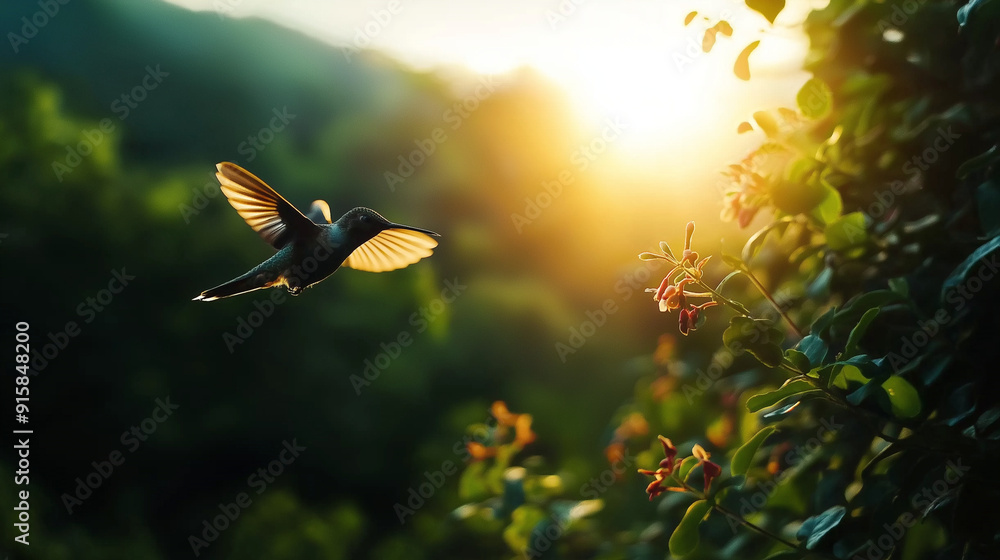 Poster a hummingbird hovering near a flower, its wings beating rapidly yet captured in slow motion