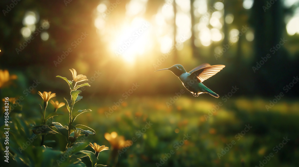 Poster a hummingbird hovering near a flower, its wings beating rapidly yet captured in slow motion