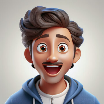 Jeune homme moustachu agr&eacute;ablement surpris, &eacute;tonn&eacute;, joyeux. Portrait serr&eacute; visage, figurine style dessin anim&eacute; en 3D. Mignon, enfantin