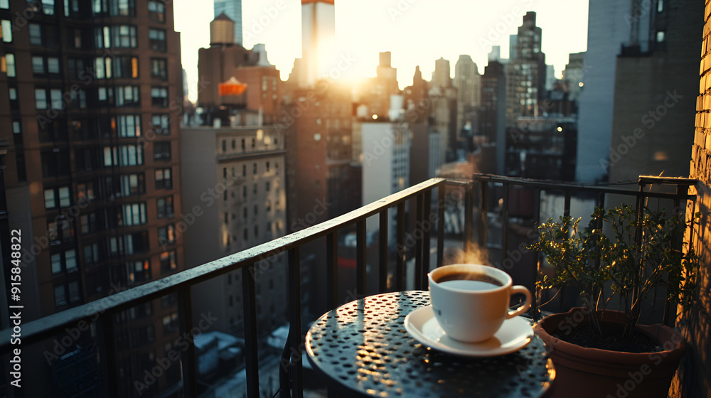 Wall mural first-person perspective of a new york city apartment balcony with hot coffee