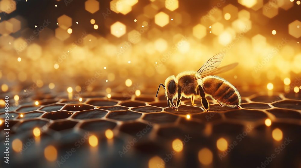 Poster a honeybee building a honeycomb, each hexagonal cell being carefully constructed