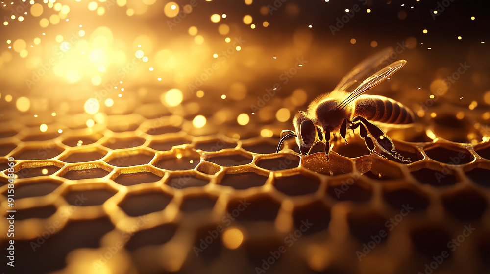 Poster a honeybee building a honeycomb, each hexagonal cell being carefully constructed
