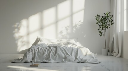 Minimalist bedroom with a large bed with a blanket and pillows and a flowerpot. Comfortable bedroom with sunlight. AI generated.