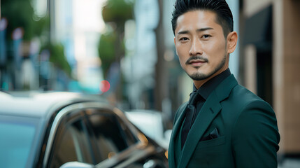 Fototapeta premium Handsome Japanese Man in Dark Green Suit by Luxury Car