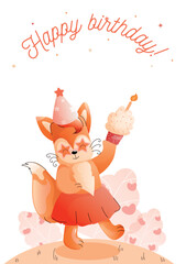 Childrens cute greeting card. A playful fox in a festive hat holds a cupcake, against a background of hearts and stars.
