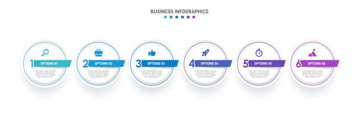 Horizontal progress bar featuring 6 arrow-shaped elements, symbolizing the six stages of business strategy and progression. Clean timeline infographic design template. Vector for presentation