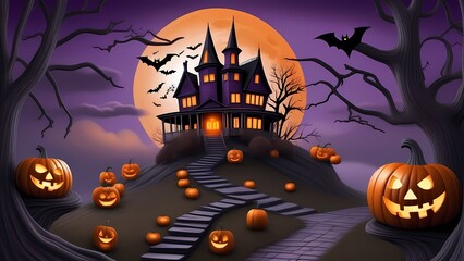 an enchanting Halloween scene with a haunted house on a hill, glowing jack-o'-lanterns, twisted trees, playful ghosts, a full moon, a witch on a broomstick, and eerie yet vibrant colors