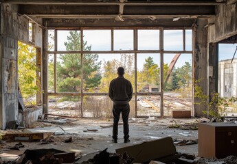 abandoned building interior, covered in dirt and debris with large windows on the left side showing overgrown nature outside