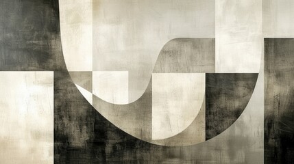 Abstract Monochrome Geometric Retro Artwork Background with Overlapping, Layered Rectangles and Curves in Neutral Tones - Grunge Minimalist Black Grey White Shapes Design Backdrop, Modern Stripes  Art