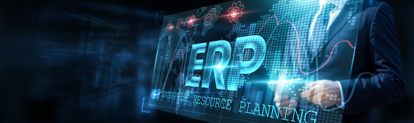 Businessman using an ERP system is analyzing data through detailed graph and observing trends and insights on a growth chart, facilitating strategic planning, decision-making to drive business growth.