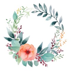 Watercolor floral wreath with peach flower and green leaves.