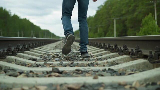 A close-up view of a man's legs, dressed in jeans and canvas shoes, walking alone on railway tracks surrounded by dense trees and electric poles