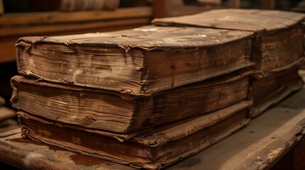 A stack of three very old and worn books with leather covers, sitting on a wooden table. The books have a golden hue and are in a state of disrepair.