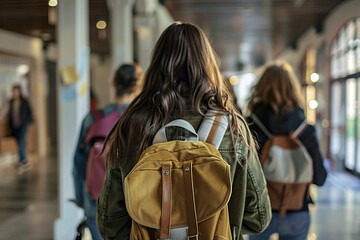 Fototapeta premium A woman with a backpack is walking with a group of people, generative ai.