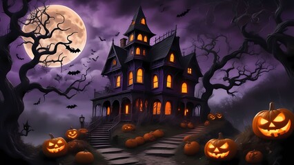 an enchanting Halloween scene with a haunted house on a hill, glowing jack-o'-lanterns, twisted trees, playful ghosts, a full moon, a witch on a broomstick, and eerie yet vibrant colors