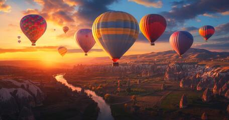 Naklejka premium Colorful hot air balloons flying over the valley at sunrise with a river and cliffs