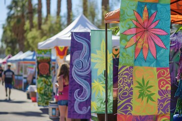 A vibrant cannabis festival, colorful tents and banners, lively atmosphere with art and music, bright sunny day, people enjoying activities in the background, festive and joyful mood