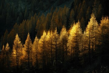 A forest of larch trees in autumn, their leaves glowing golden against the dark background Generative AI