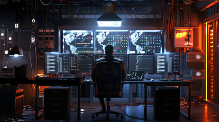 A male IT worker sits at his desk in front of computer monitors and looking computer screen, seen from behind and looking over the of an AI system that processes data on monitor displaying code