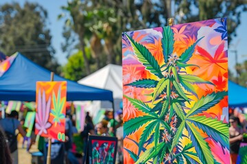 A vibrant cannabis festival, colorful tents and banners, lively atmosphere with art and music, bright sunny day, people enjoying activities in the background, festive and joyful mood
