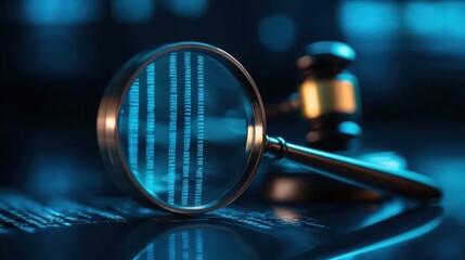 Close-up of a magnifying glass revealing digital data alongside a gavel, symbolizing justice and analysis in the legal field.