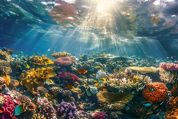 A vibrant coral reef, teeming with colorful marine life, dynamic and lively, bright sunlight filtering through the water, intricate details of corals and fish, clear water