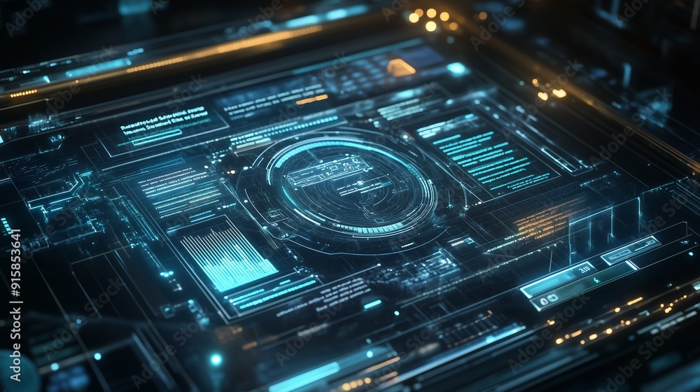 Poster advanced futuristic interface displaying data analysis in a high-tech laboratory during the night