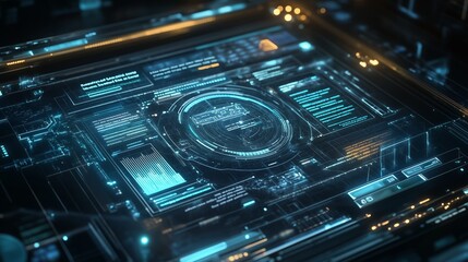 Advanced futuristic interface displaying data analysis in a high-tech laboratory during the night