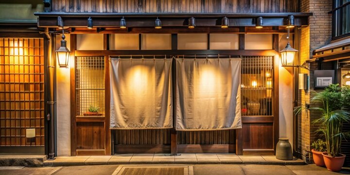 Entrance of a cozy izakaya restaurant with a traditional noren curtain and illuminated signboard , izakaya, Japanese