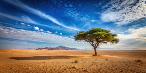 Lonely tree standing in the barren desert landscape, Desert, arid, dry, sand dunes, heat, drought, isolation, stark