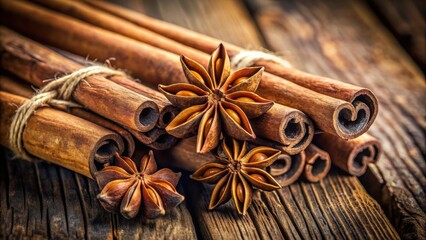 A close-up shot of anise and cinnamon sticks on a rustic wooden surface, spices, aromatic, ingredients, culinary, seasoning