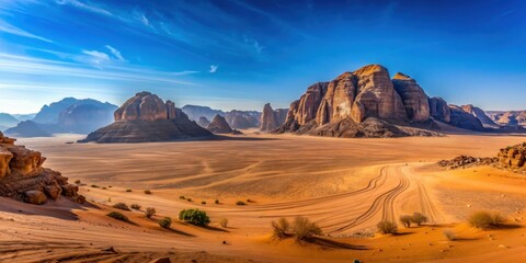 Naklejka premium Desert landscape of Wadi Rum in Jordan, Wadi Rum, desert country, Middle East, sand dunes, rocky terrain