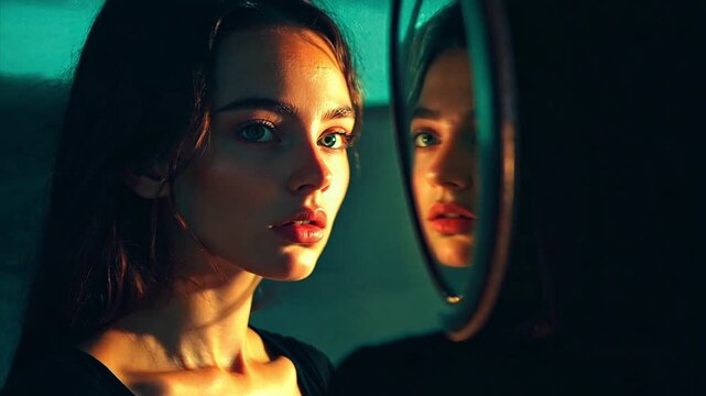 Pushing towards a woman looking at herself in a representing a narcissists internal struggle with vanity.